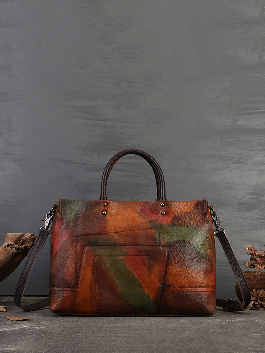 Borsa a mano con tracolla in pelle patchwork da donna, capacità grande