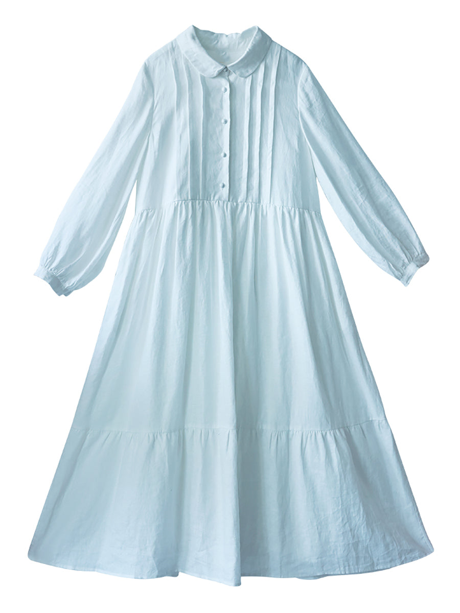 Women 100%Linen Shirred Solid Spring Dress