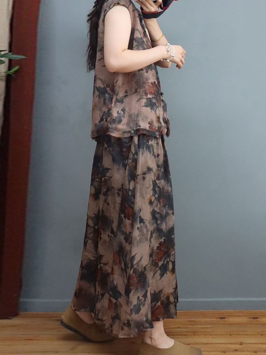 Chemise/jupe d'été en lin à imprimé grenouille et fleurs de style chinois pour femmes