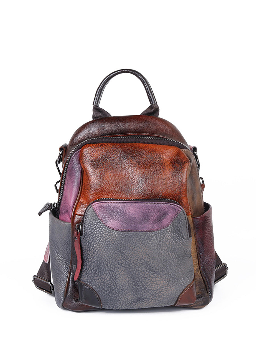 Zaino da esterno in pelle dipinto a mano colorblock da donna