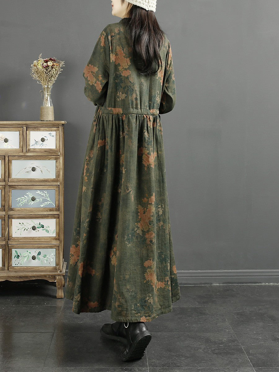 Abito da donna in cotone con stampa a foglia vintage autunnale