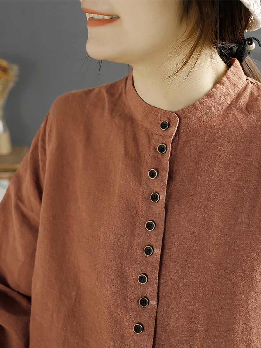 Camicia da donna in lino con bottoni e collo a V primaverile retrò