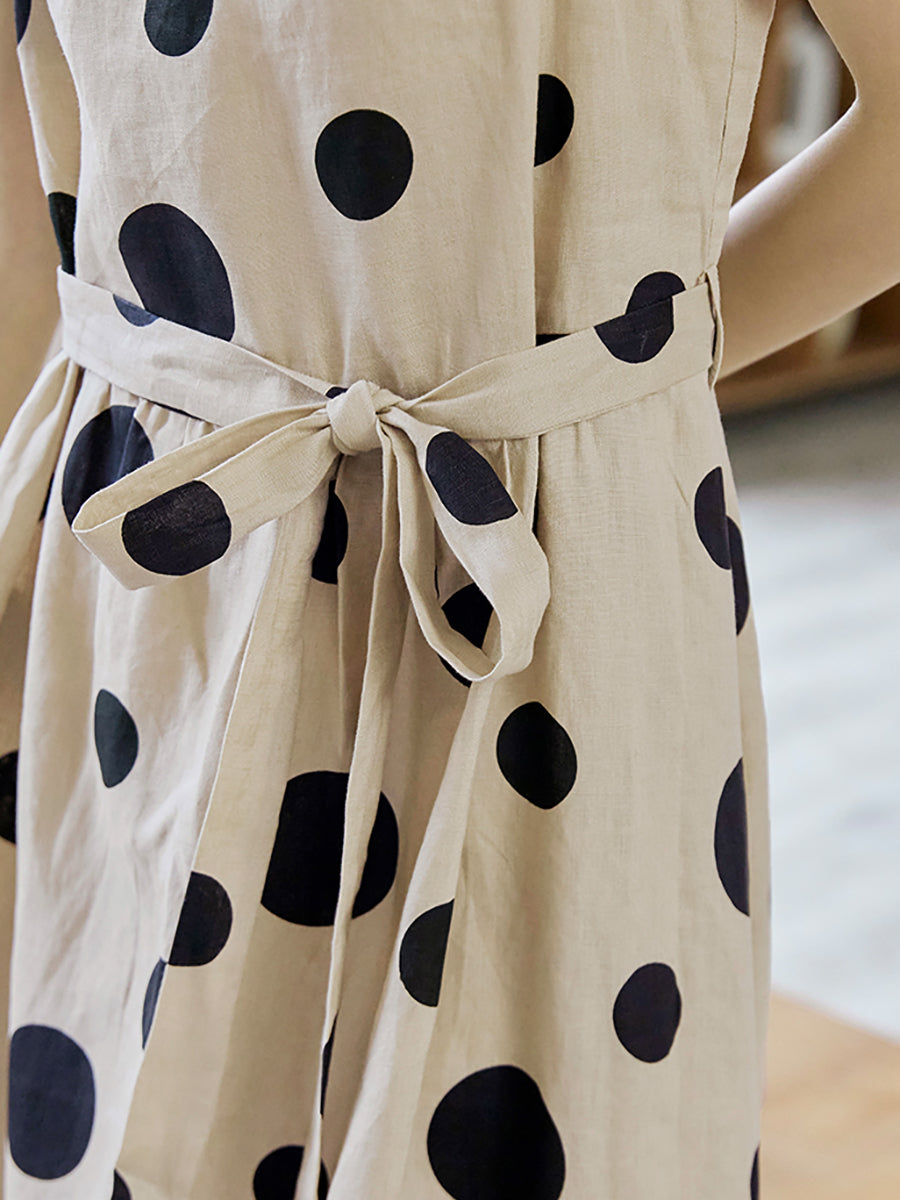 Vestito estivo casual da donna con coulisse in lino e pois