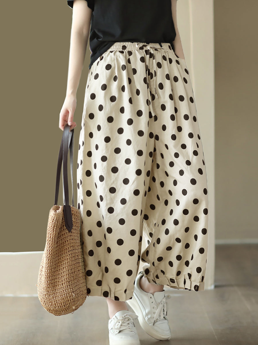 Pantaloni da donna vintage in lino con coulisse e pois a gamba larga
