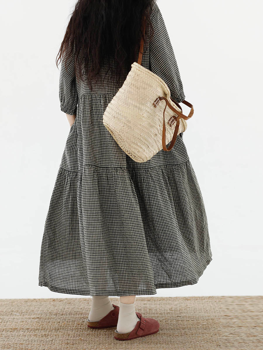 Women Artsy Plaid Spliced 100%Cotton Tiered Dress