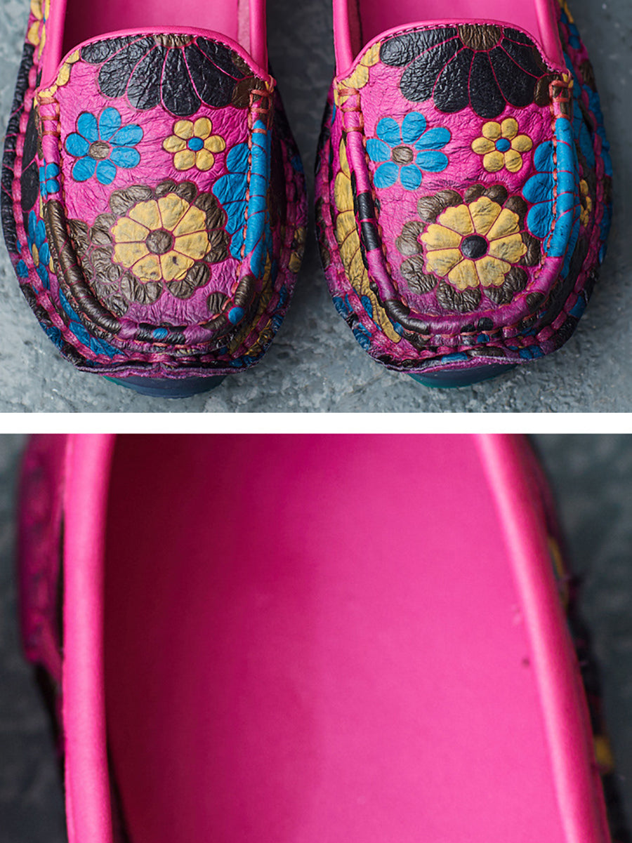 Scarpe piatte morbide in pelle con fiori estivi da donna