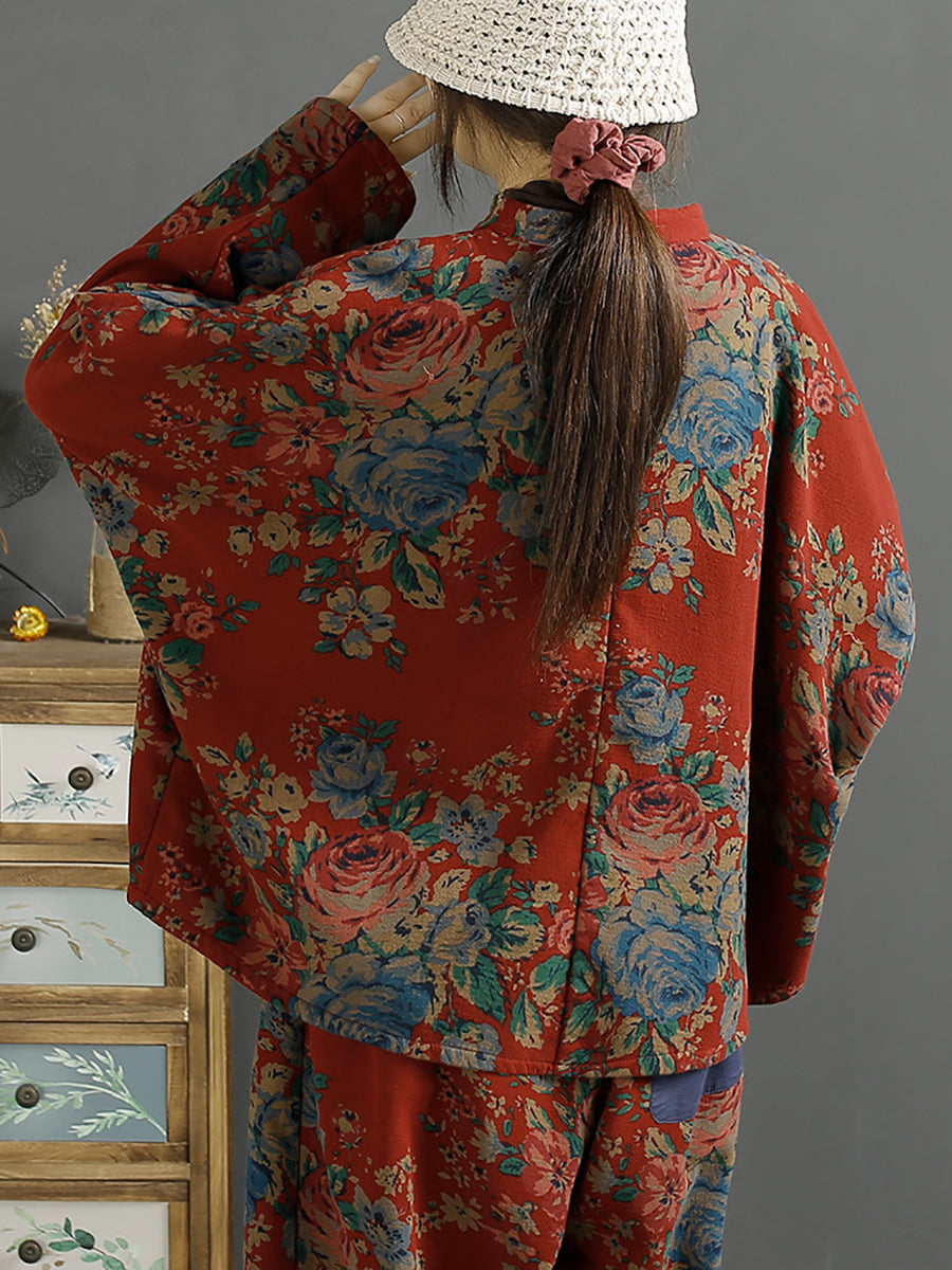 Camicia obliqua larga con fiori etnici da donna