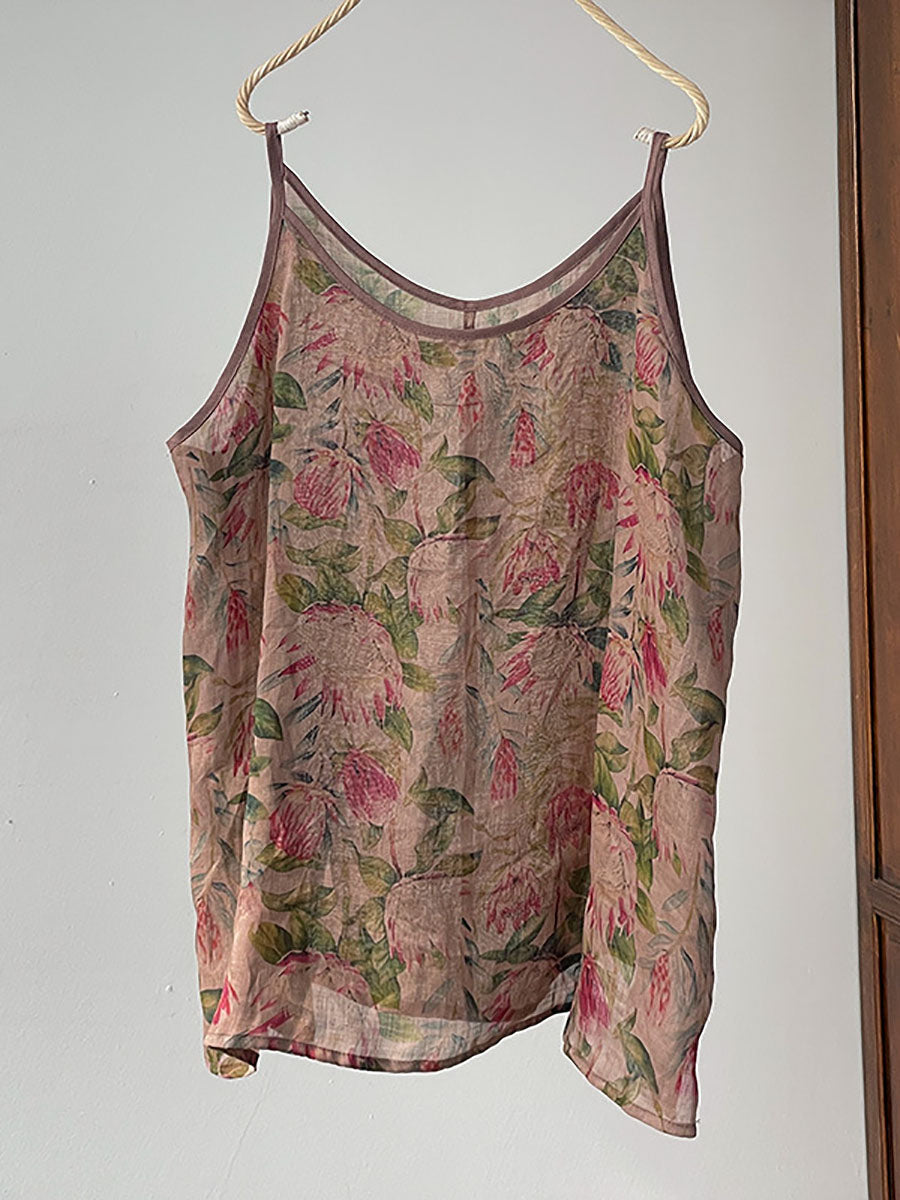 Gilet sottile estivo vintage da donna con fiori di ramiè