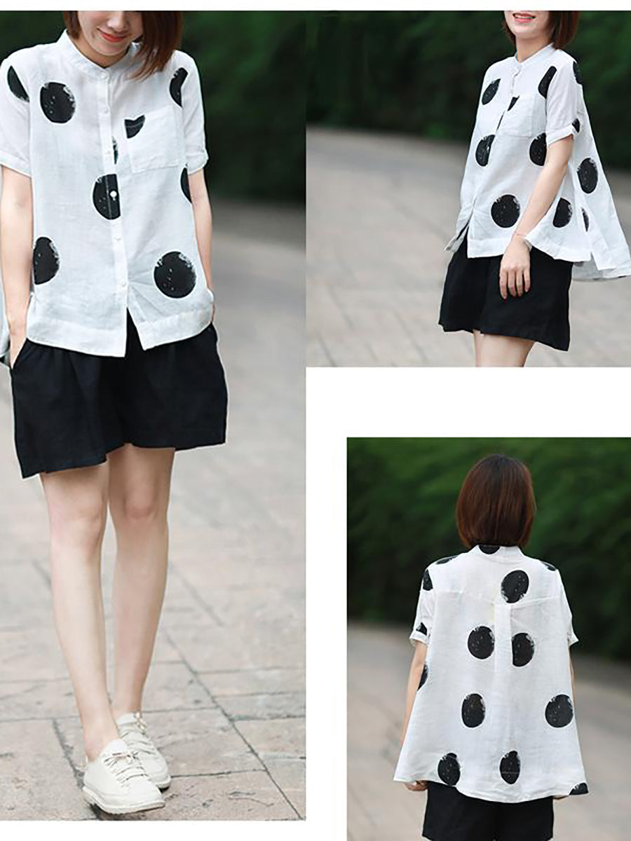 Camicia a collo alto in cotone e lino a pois