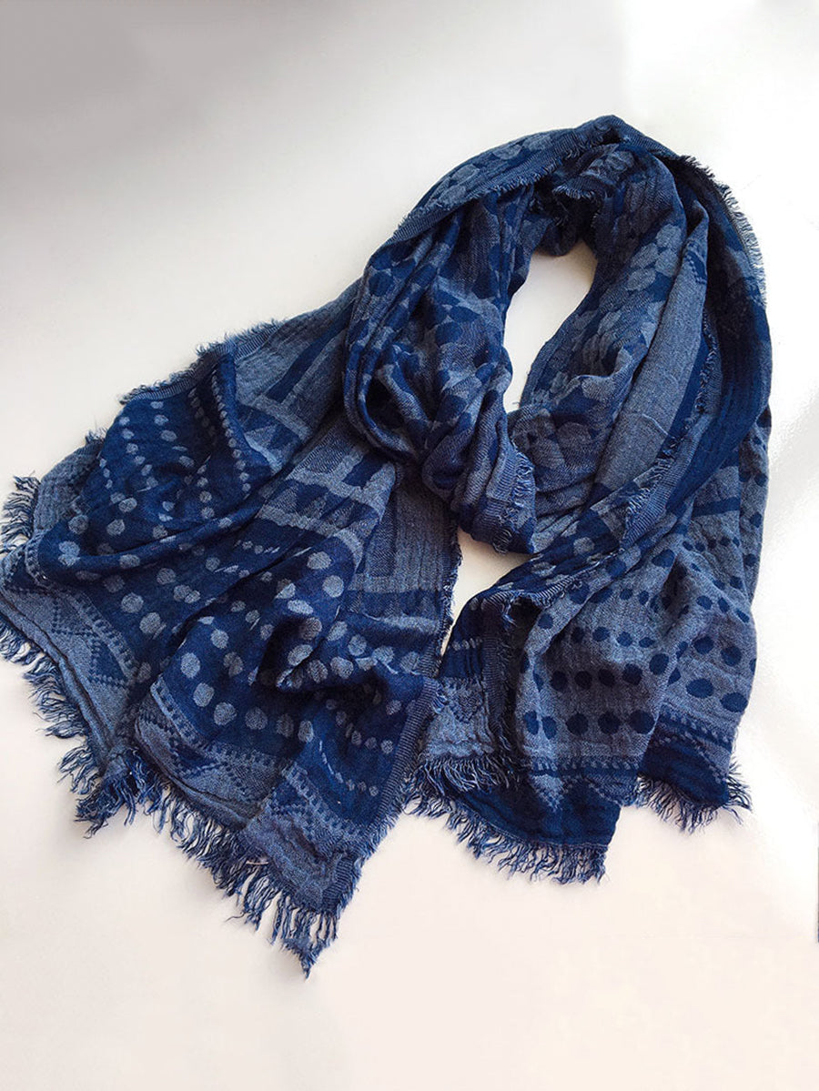 Sciarpa scialle con nappe blu batik geometrica retrò da donna