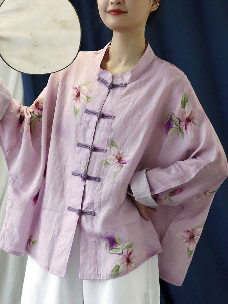 Cappotto camicia vintage da donna con fiori rosa primaverili in ramiè