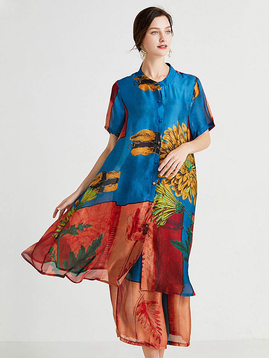 Camicia lunga con fiori artistici e pantaloni da donna