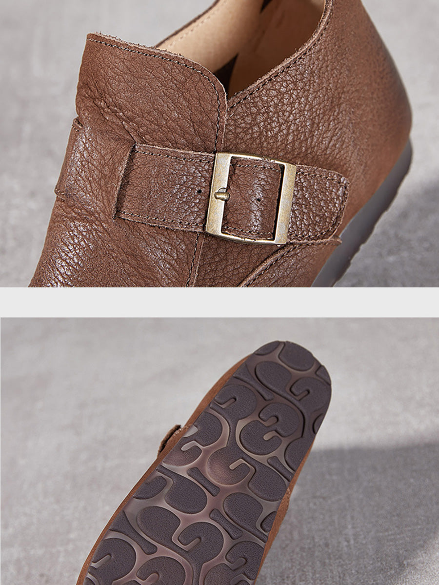 Women Vintage Soft Genuine Leather Buckle Flat Shoes
