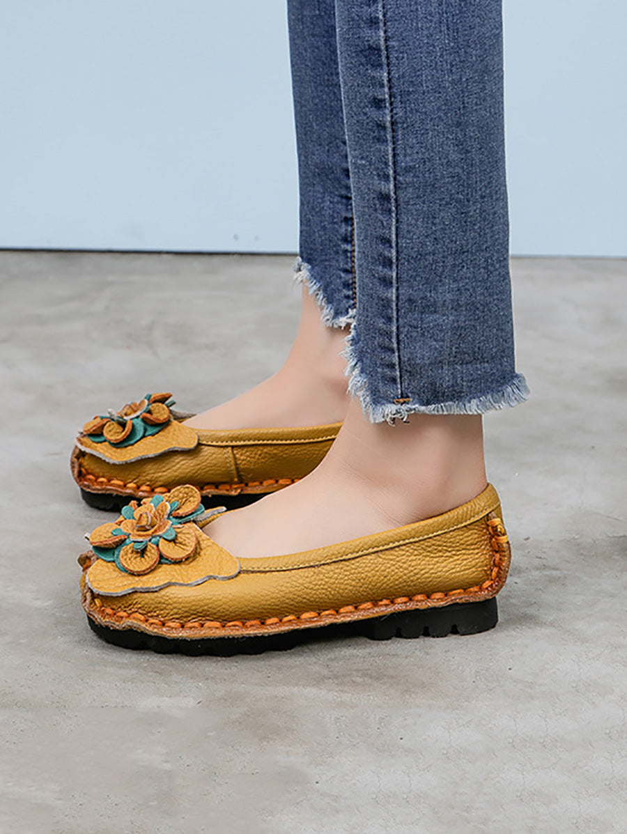 Scarpe estive vintage da donna in pelle con fiori intrecciati