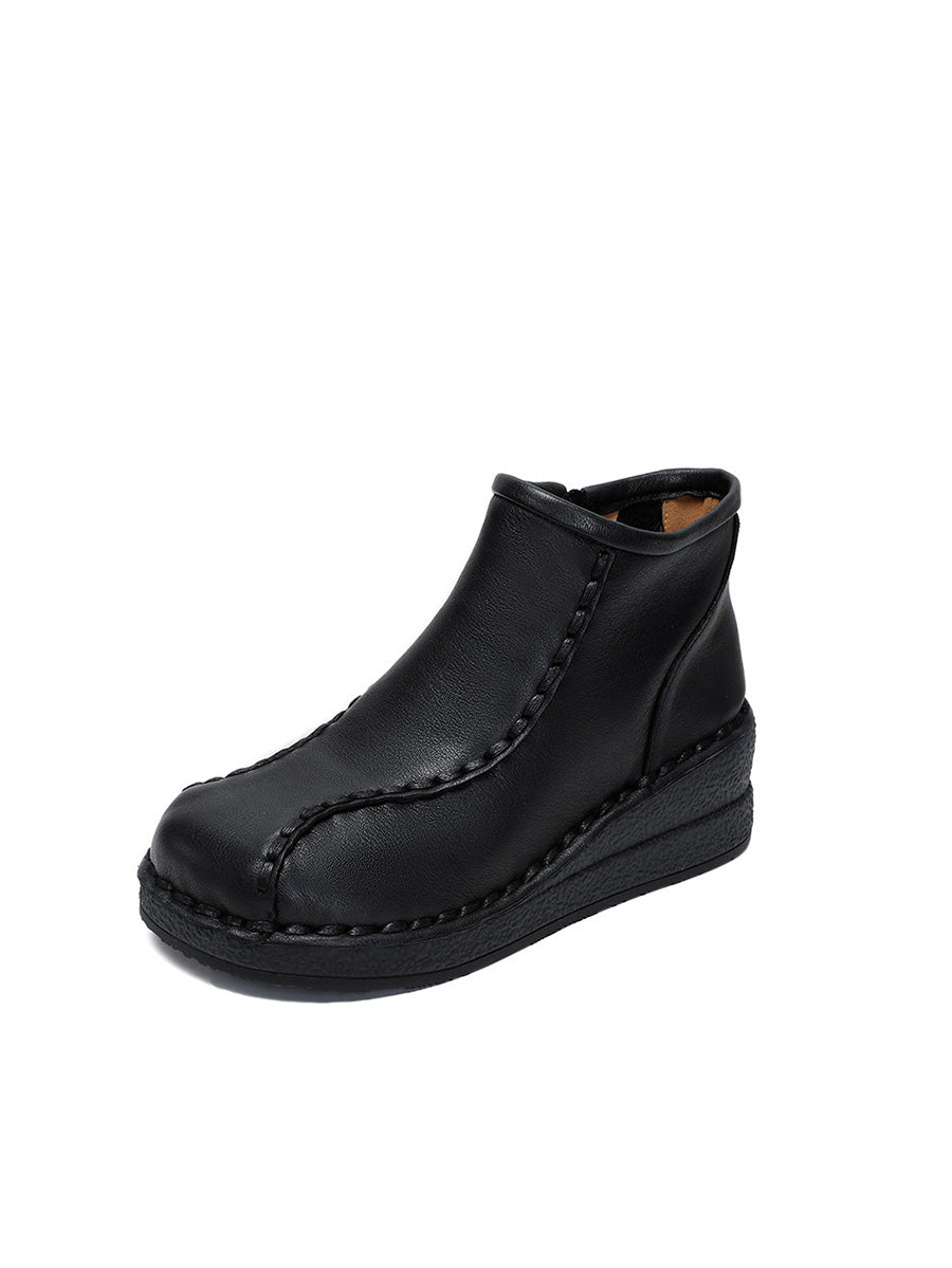 Bottes mi-talons rétro en cuir souple avec doublure polaire pour femmes 