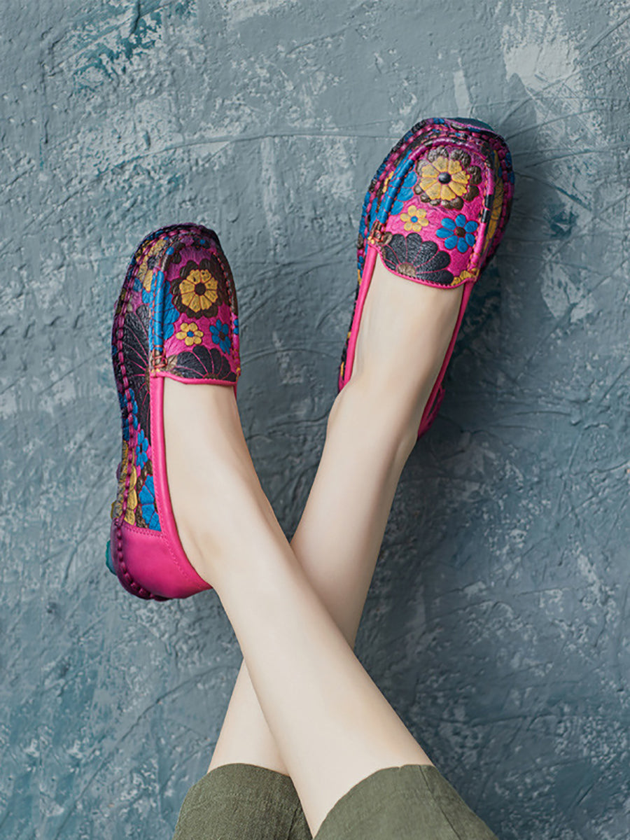 Scarpe piatte morbide in pelle con fiori estivi da donna