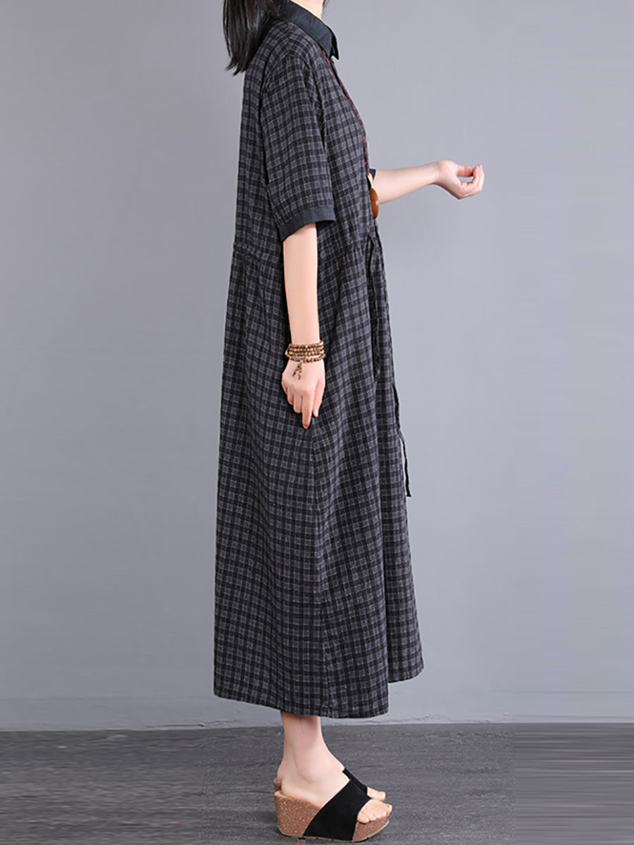 Women Artsy Plaid Cotton Dress