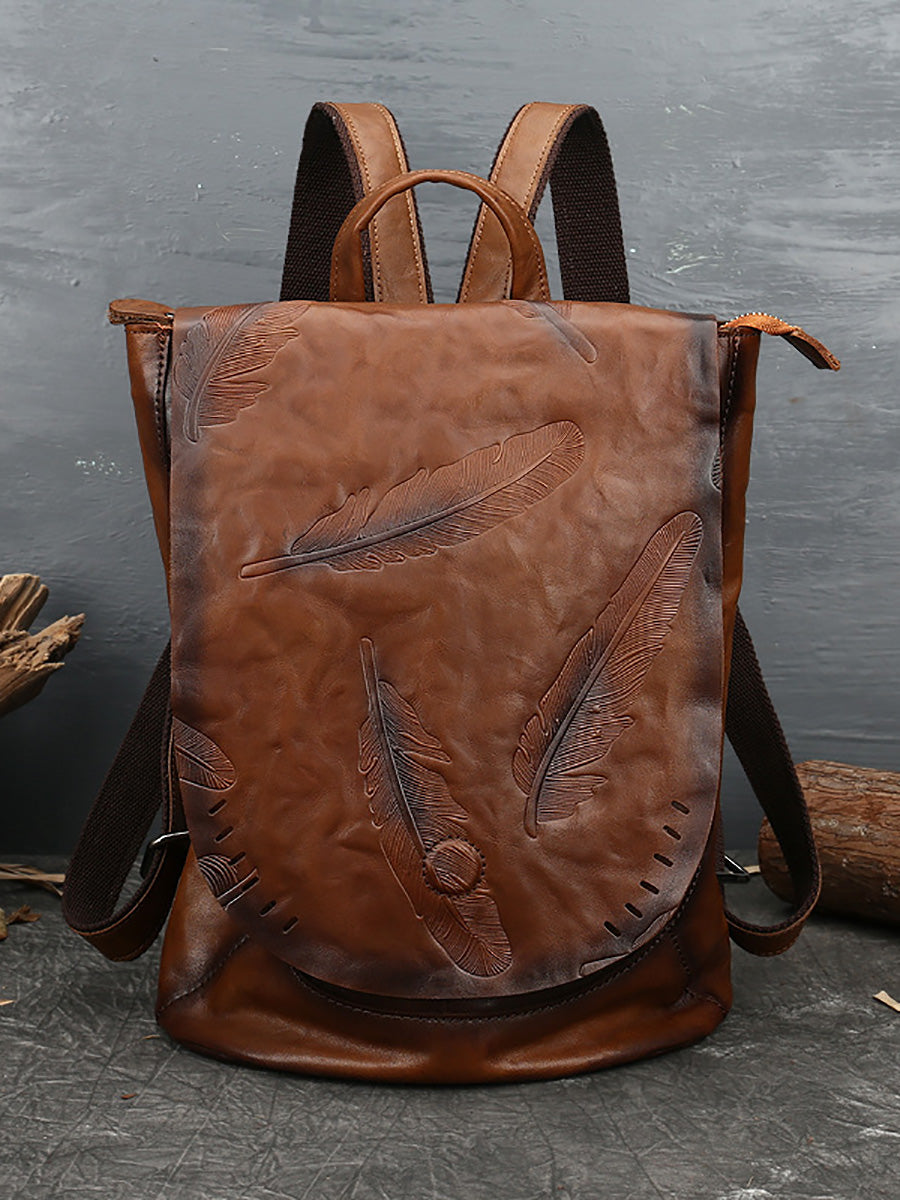 Zaino da donna in pelle vintage con stampa a piume
