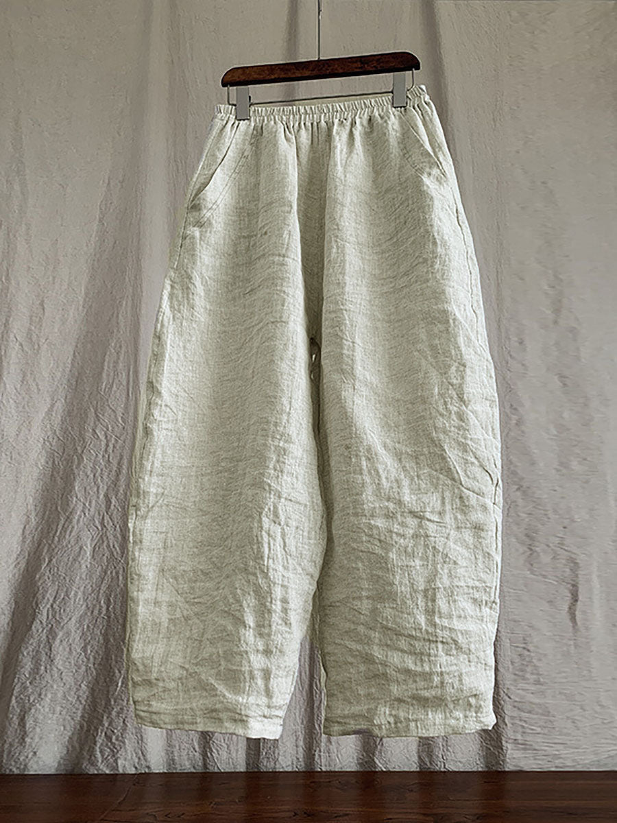 Pantalon en lin décontracté pour femme, couleur unie, ample, taille élastique