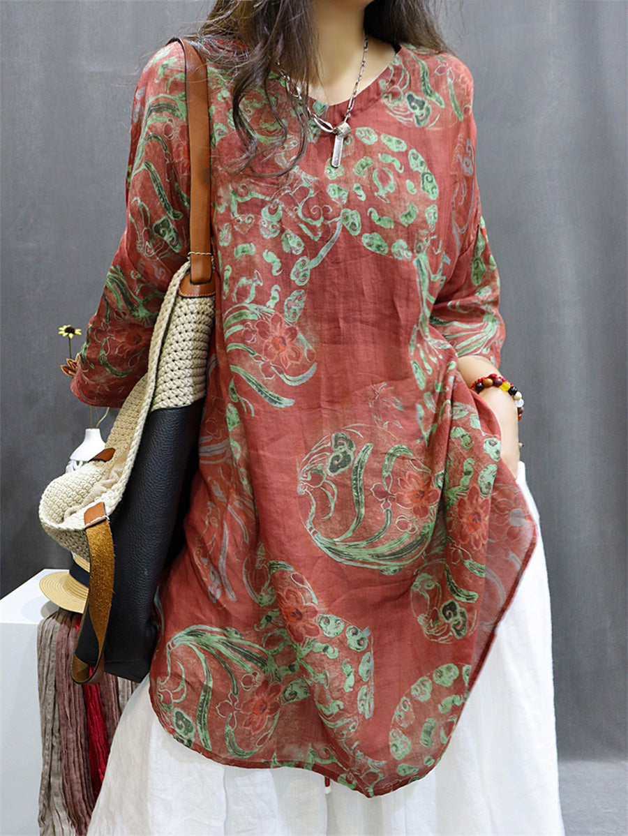 Camicetta estiva vintage da donna con fiori di ramiè M3XL