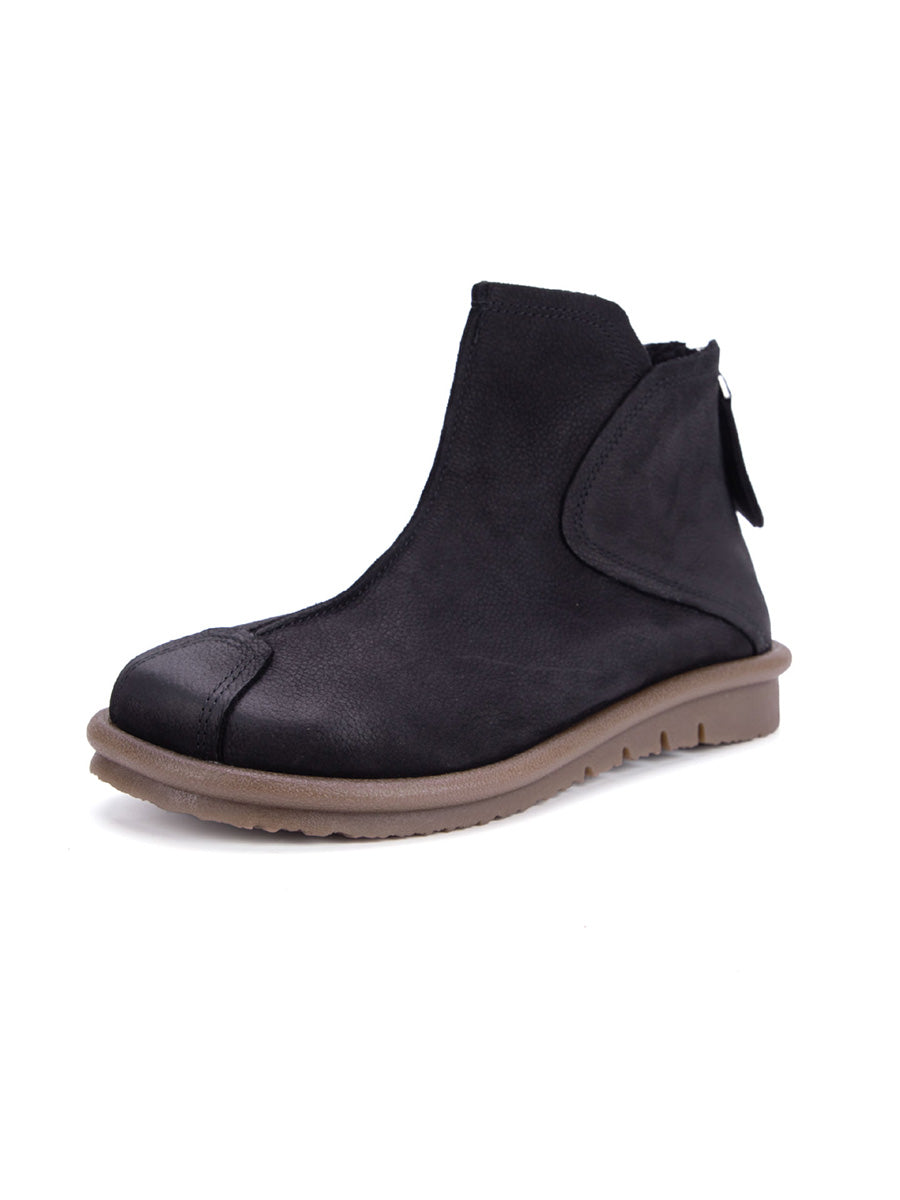 Women Vintage Genuine Leather Spliced Flat Ankle Boots