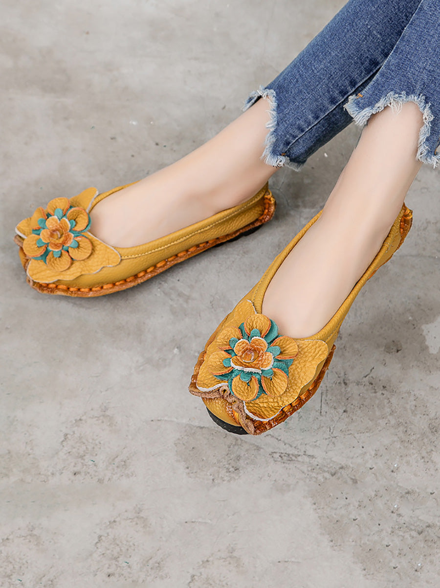 Scarpe estive vintage da donna in pelle con fiori intrecciati
