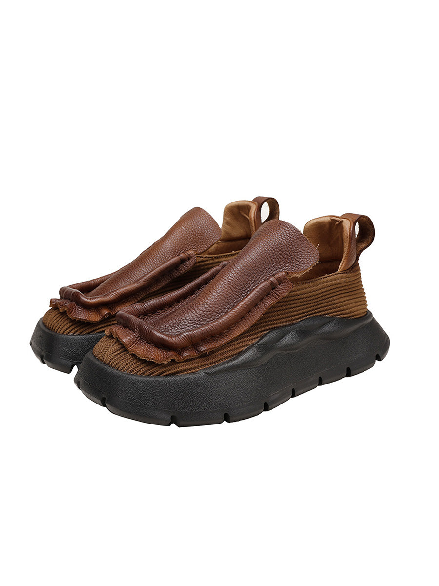 Women Retro Genuine Leather Spliced Platform Shoes