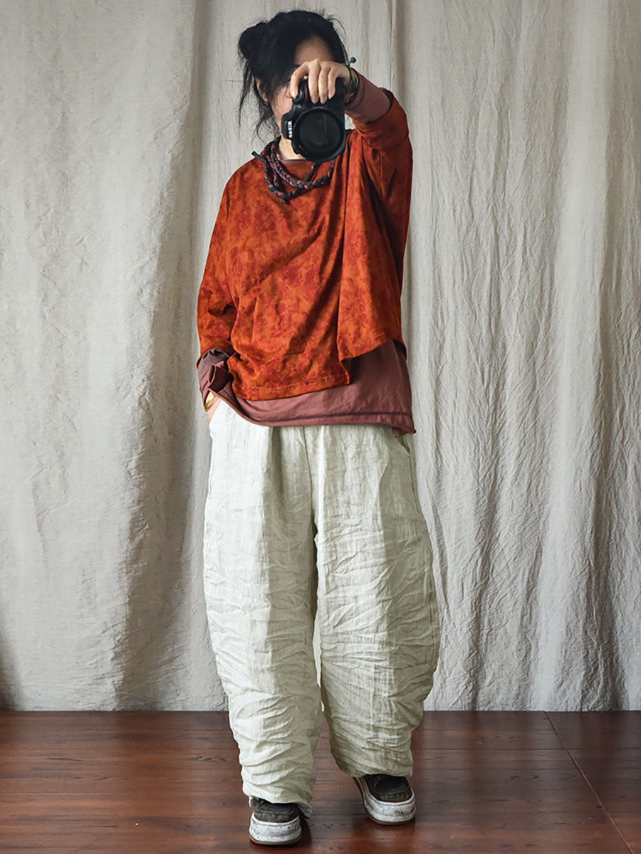 Pantalon en lin décontracté pour femme, couleur unie, ample, taille élastique