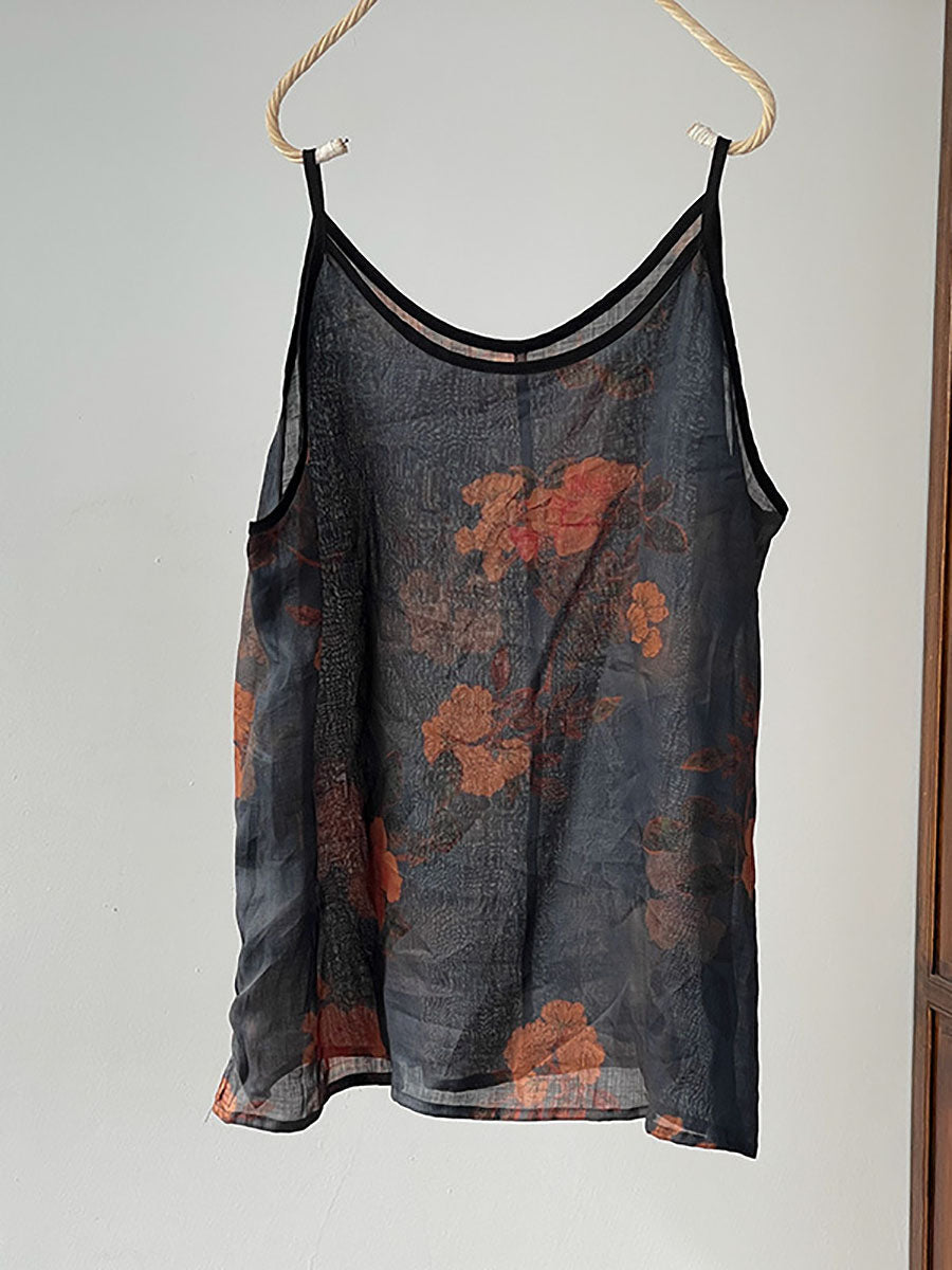 Gilet sottile estivo vintage da donna con fiori di ramiè