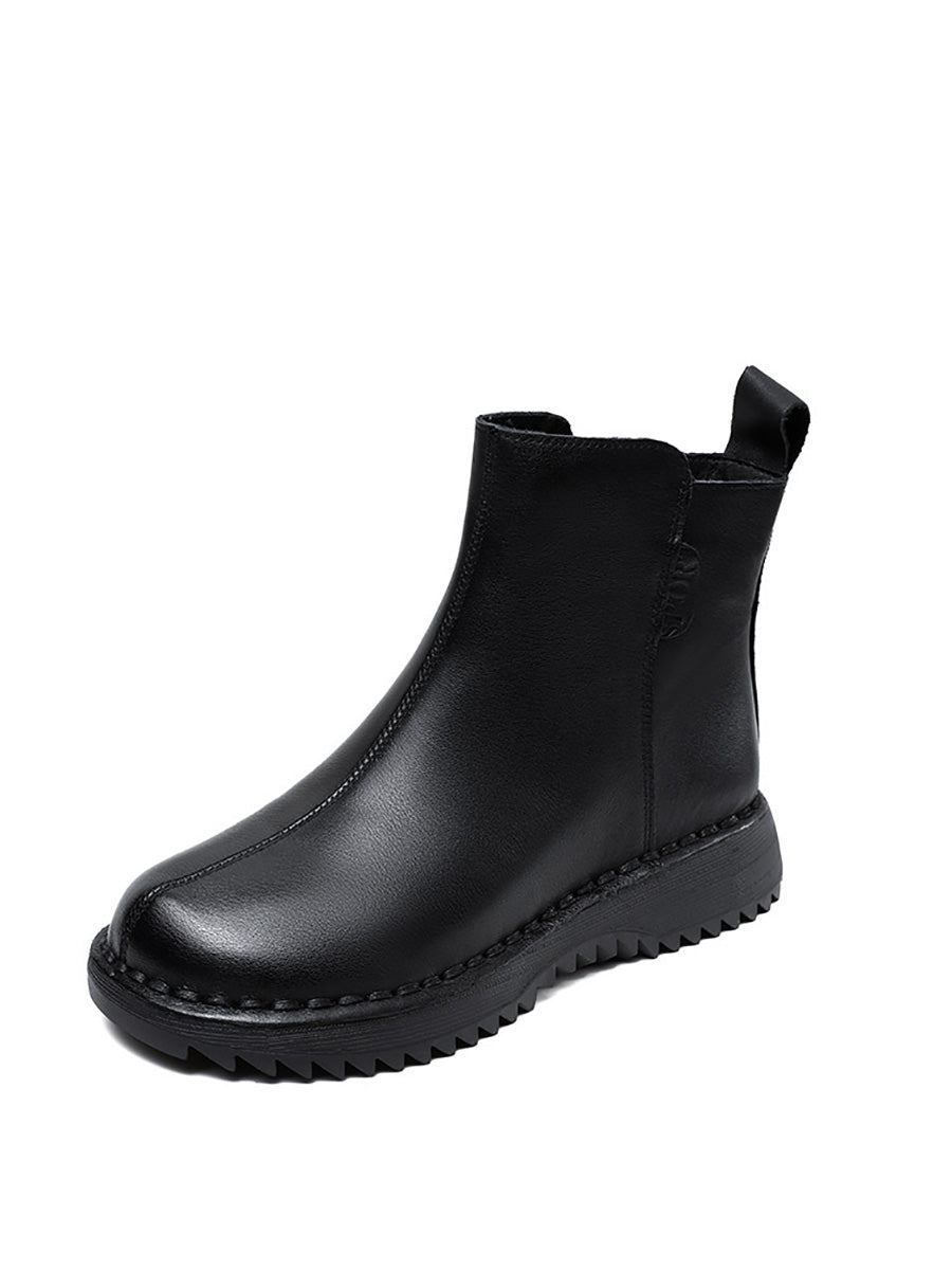 Women Retro Genuine Leather Zippper Mid-Heel Boots