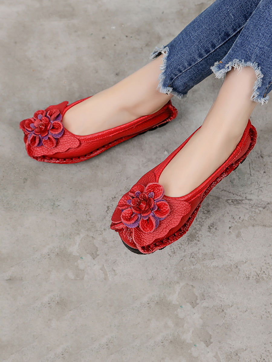 Scarpe estive vintage da donna in pelle con fiori intrecciati