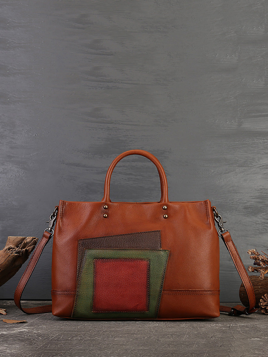 Borsa a mano con tracolla in pelle patchwork da donna, capacità grande