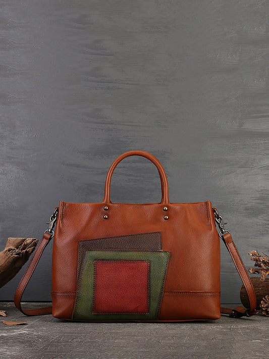 Borsa a mano con tracolla in pelle patchwork da donna, capacità grande