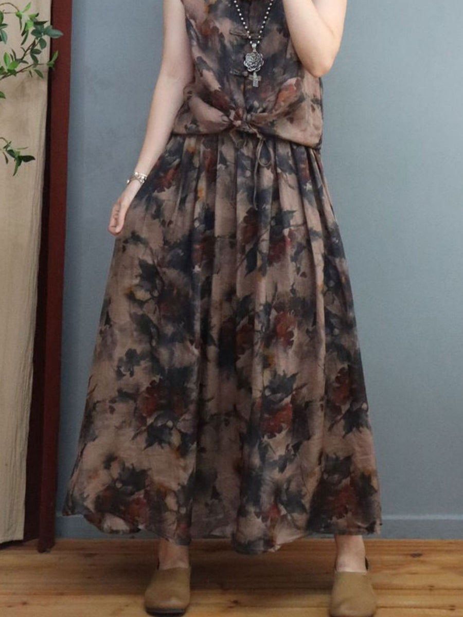 Chemise/jupe d'été en lin à imprimé grenouille et fleurs de style chinois pour femmes