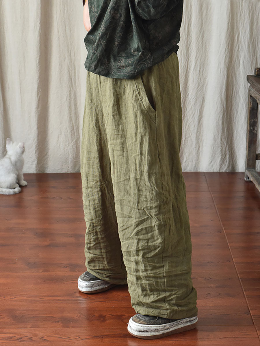 Pantalon en lin décontracté pour femme, couleur unie, ample, taille élastique