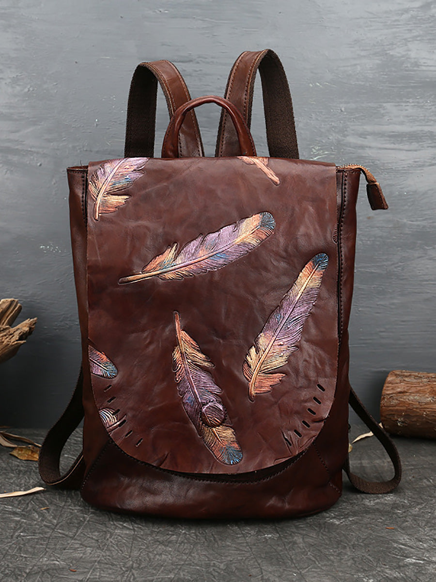 Zaino da donna in pelle vintage con stampa a piume