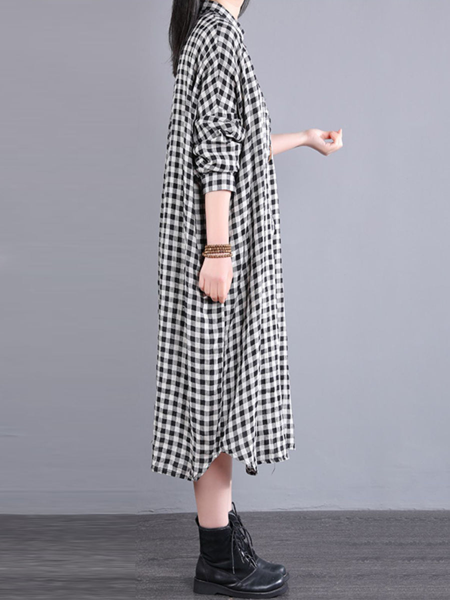 Abito cardigan in lino largo con tasca a quadri casual da donna