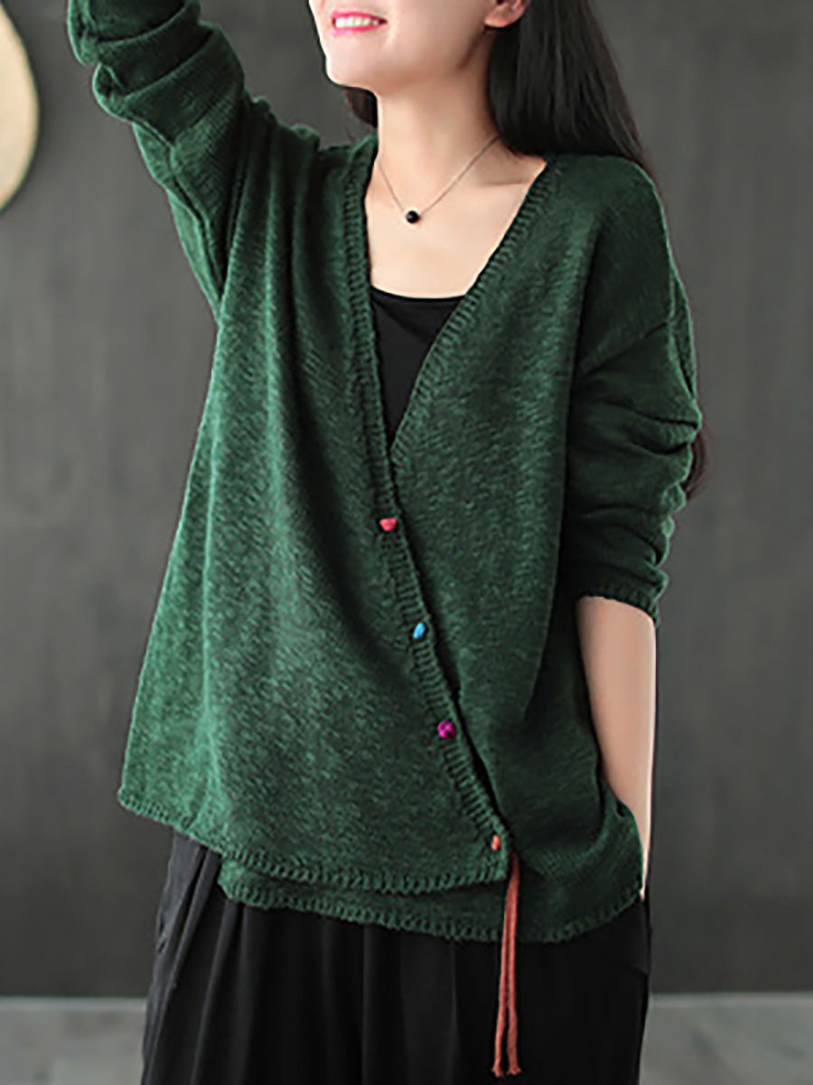 Women Knitted Retro Pure Color Vneck Sweater Coat