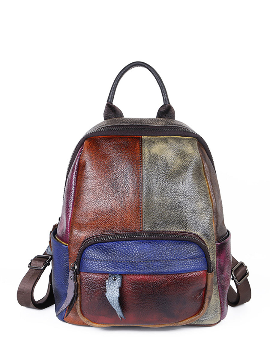 Zaino da esterno in pelle dipinto a mano colorblock da donna