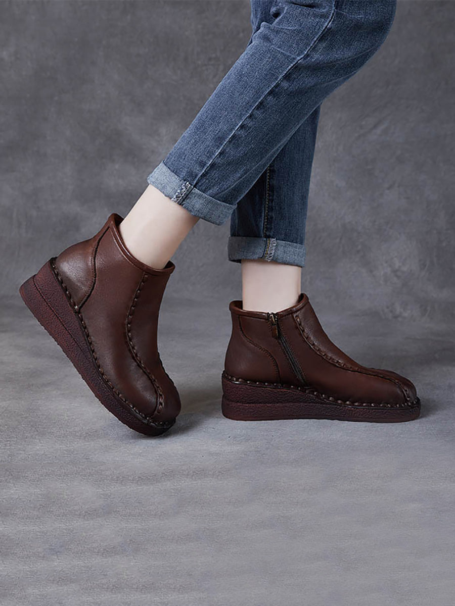 Bottes mi-talons rétro en cuir souple avec doublure polaire pour femmes 