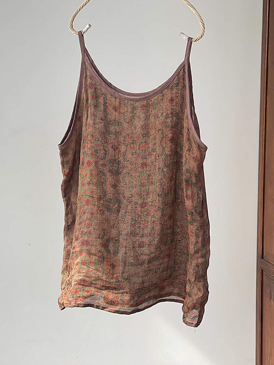 Gilet sottile estivo vintage da donna con fiori di ramiè
