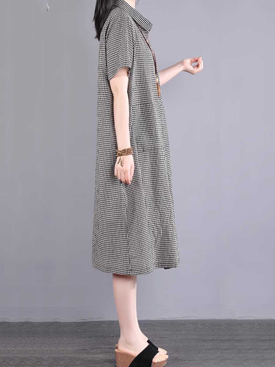 Women Casual Plaid Slant Closure Button Loose Dress