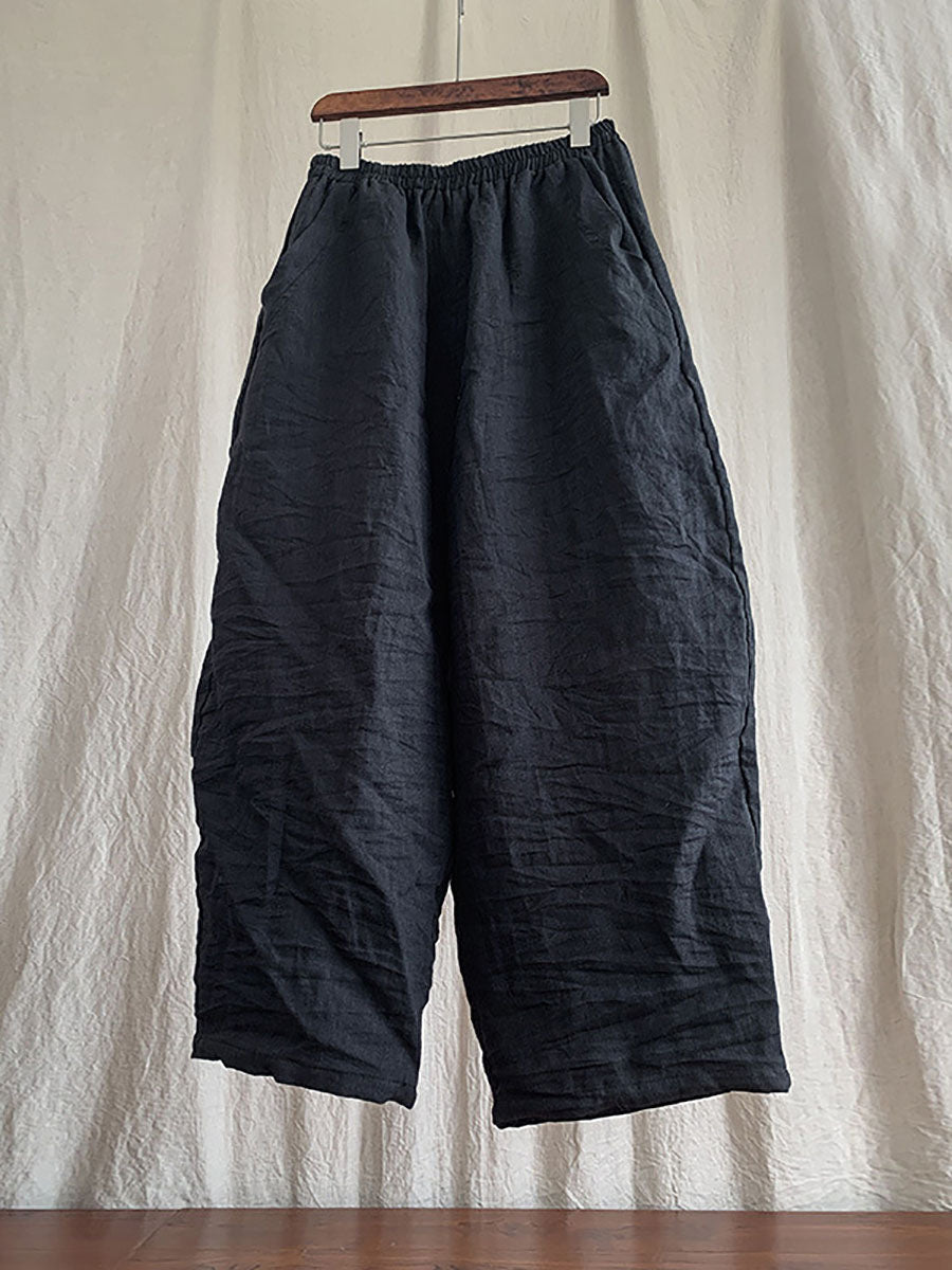 Pantalon en lin décontracté pour femme, couleur unie, ample, taille élastique