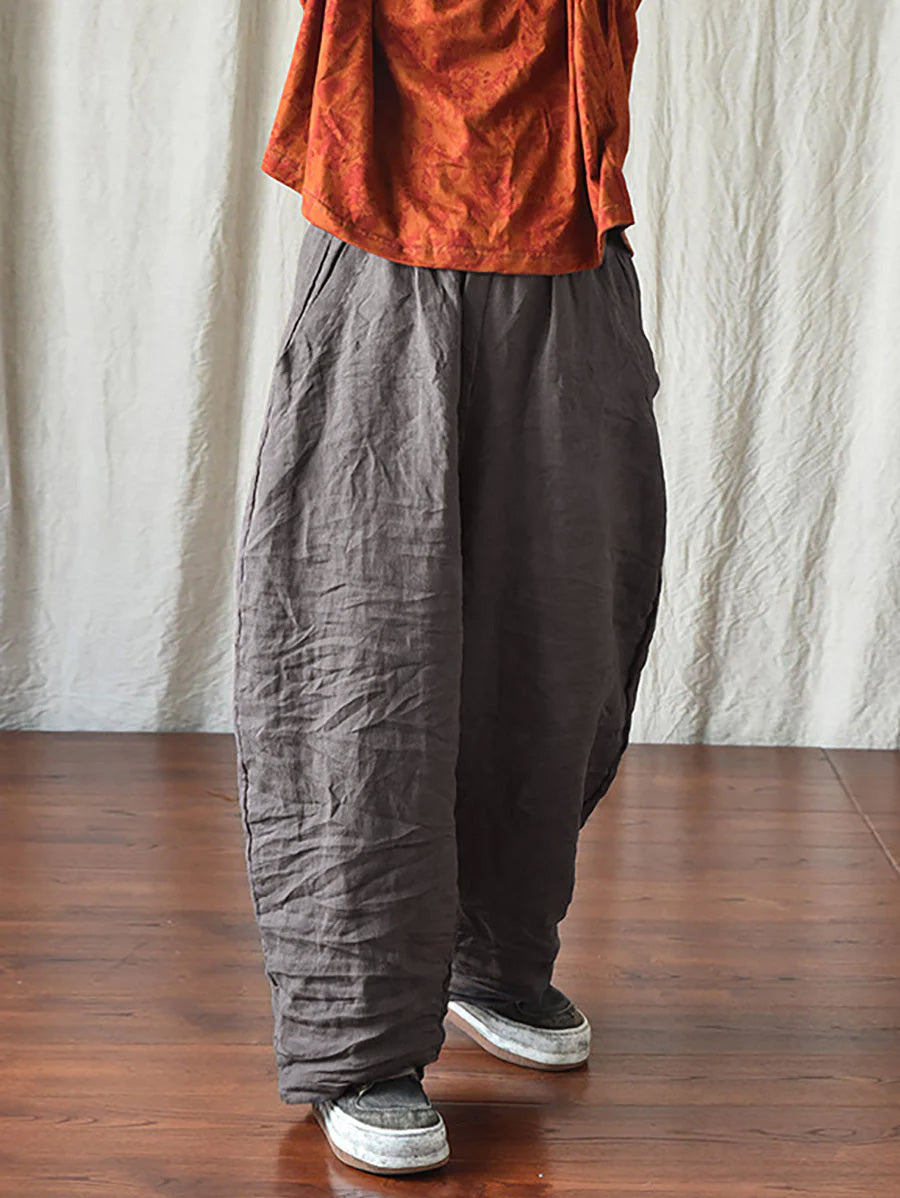 Pantalon en lin décontracté pour femme, couleur unie, ample, taille élastique