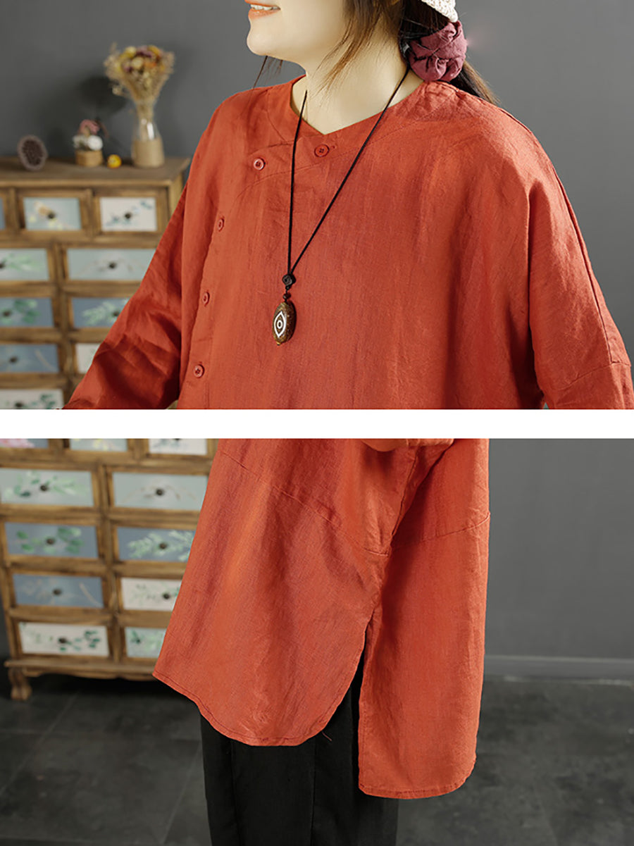 Camicia da donna in lino con chiusura inclinata vintage e tinta unita