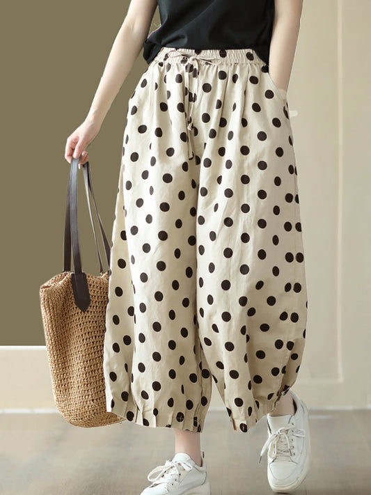Pantalon large en lin à pois vintage froncé avec cordon de serrage pour femme