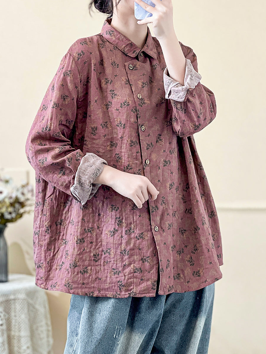 Chemise à manches longues à imprimé floral vintage pour femme