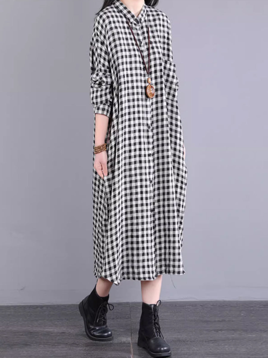 Abito cardigan in lino largo con tasca a quadri casual da donna