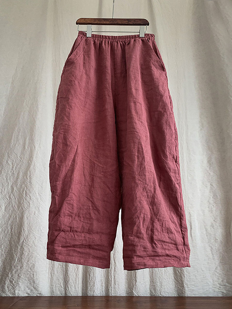 Pantalon en lin décontracté pour femme, couleur unie, ample, taille élastique