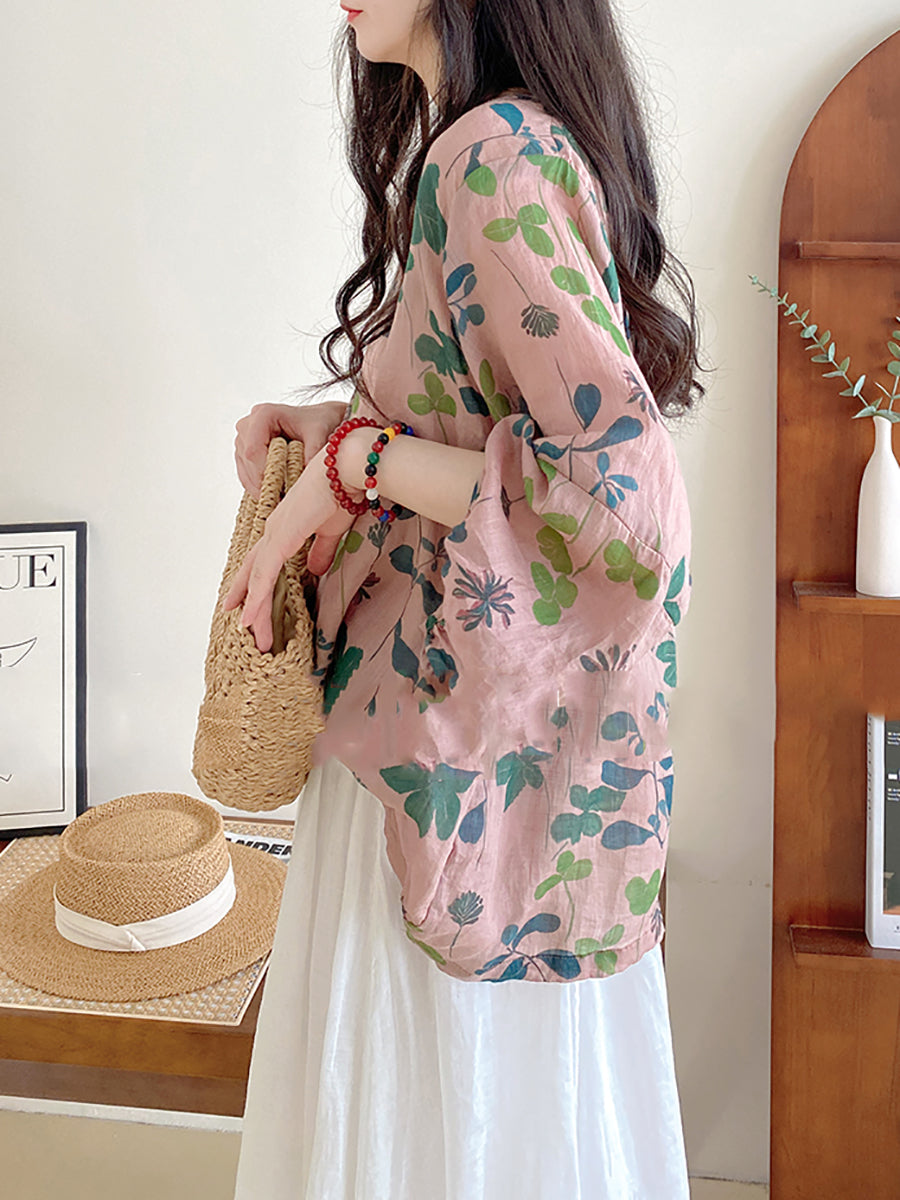 Camicia a collo alto con fiori artistici estivi da donna